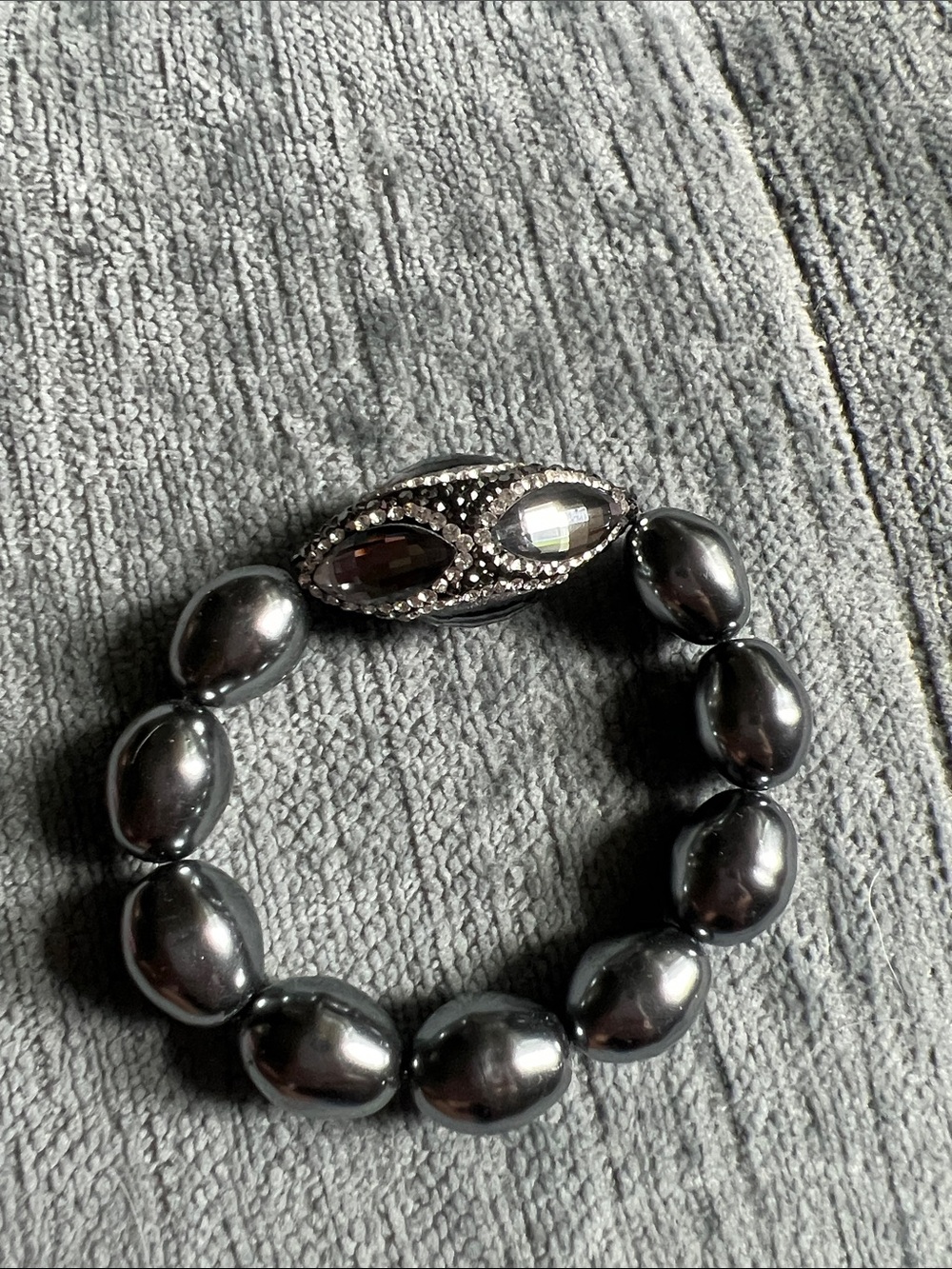 Hematite-Tone Beaded Stretch Bracelet with Faceted Marquise Accent